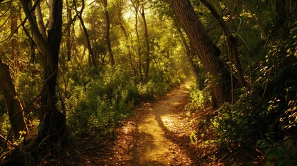 Fototapeta premium Serene forest path illuminated by soft sunlight through lush greenery.