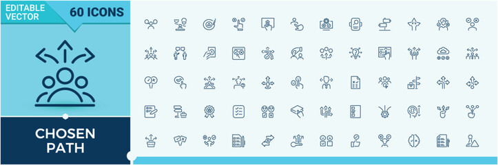 Set of Chosen Path line icons. It contains symbols to option, way, direction, point, solving, preference and more. Web icons. Editable stroke. Vector illustration.