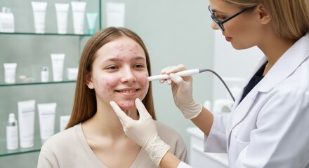 Dermatologist conducting acne treatment on young caucasian female patient in clinic