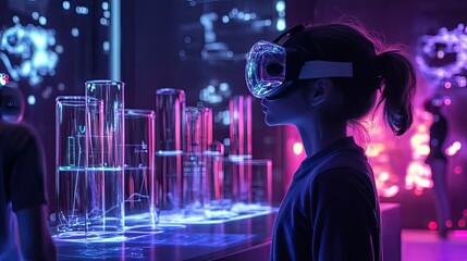 Young Girl Exploring Virtual Reality Technology in a Futuristic Display