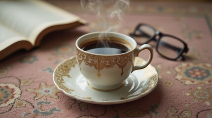 Steaming Coffee in Antique Porcelain Cup on Vintage Rug