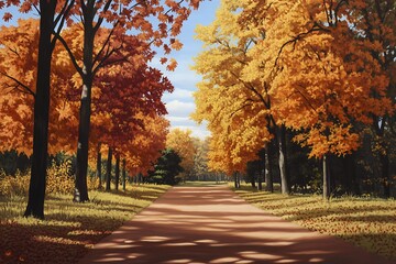 Fototapeta premium A serene autumn pathway lined with vibrant orange trees.