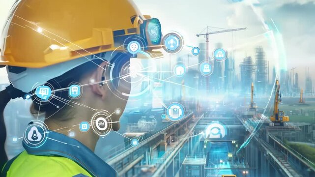 Female engineer with digital interface visor overlooks a futuristic construction site with holographic blueprints