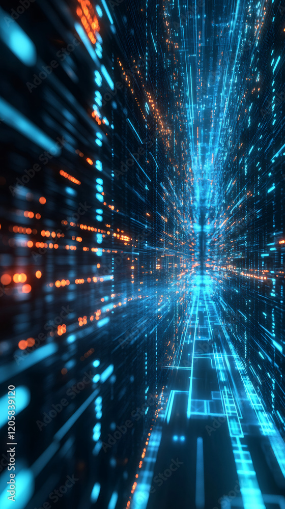 Leinwandbilder binary code streams along walls of futuristic cyberspace tunnel, creating a sense of rapid data tran
