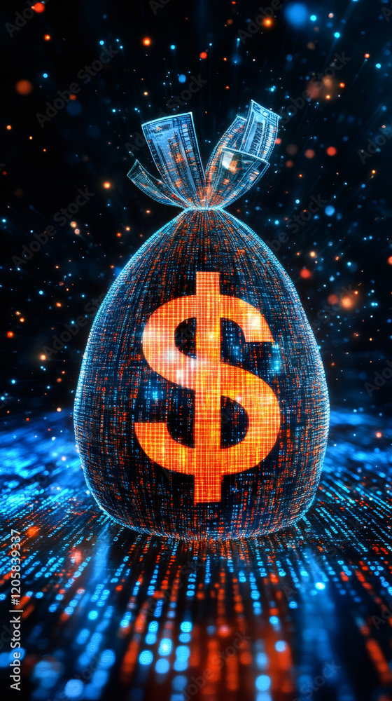 Poster Glowing digital money bag with dollar symbol made of binary code suggesting cryptocurrency and online banking