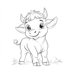 Happy calf in pasture, coloring page, farm animal (1)