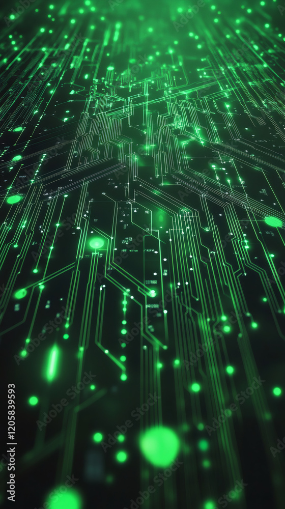 Poster Digital circuit board glowing green, revealing complex interconnections and data transmission within technological network landscape