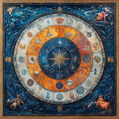 Obraz premium A detailed artistic depiction of the Kumbh Mela zodiac signs arranged in a circular mandala, surrounded by water patterns and traditional Indian motifs, representing spiritual harmony