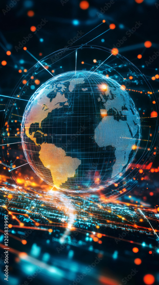 Poster digital planet spinning, global network glowing with interconnected cityscape lighting dark cosmic b