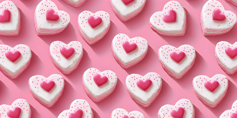 White cream heart-shaped cake on a pink background, Valentine's Day concept