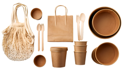 set of eco craft paper tableware; food containers and bag cut out 