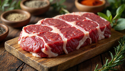 Raw alpaca meat slice on wooden board with spices, culinary artistry