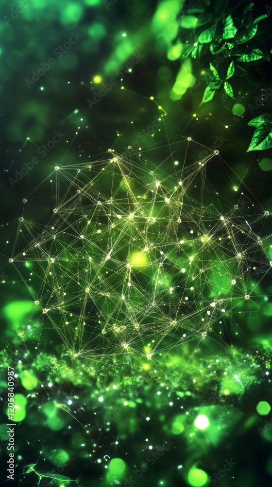 Poster green and gold plexus sphere growing in a magical forest with fireflies, bokeh and green leaves