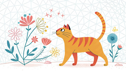 Naklejka premium Playful Cat Illustration with Flowers 