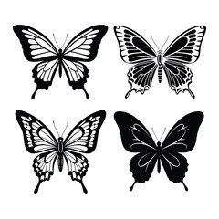 Silhouettes of butterflies. Monochrome Insect butterfly black winged gorgeous insect set isolated vector illustration