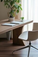 Fototapeta premium Home office featuring a wooden desk and an ergonomic chair for productive work hours