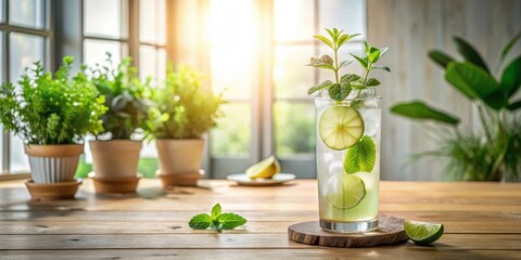 Refreshing Lime and Mint Beverage in Sunlight by Window with Potted Plants