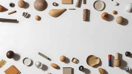 Variety of Wooden and Ceramic Objects Placed on a Flat White Surface
