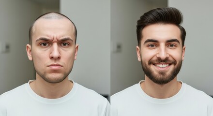 Fototapeta premium Transformation of young caucasian male hairstyle before and after concept