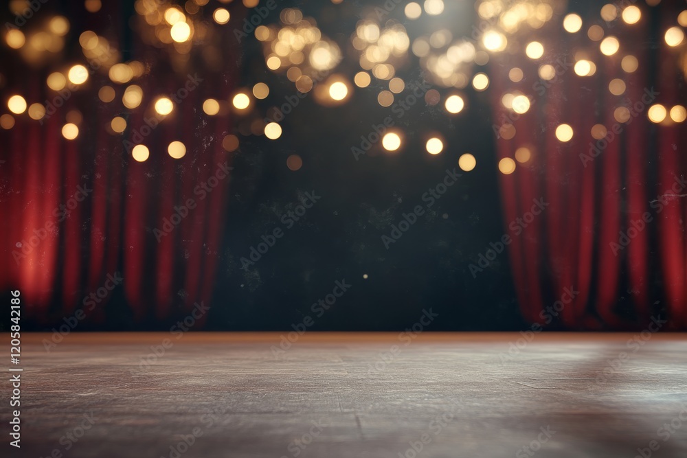 Poster a grand theater stage features elegant red curtains and sparkling chandeliers, evoking luxury and cr