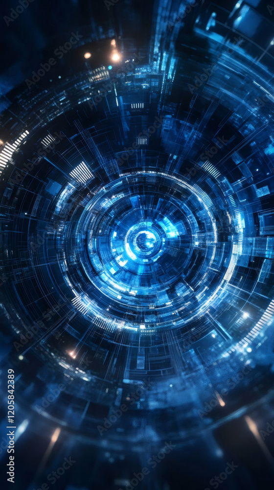 Aufkleber complex technological tunnel rotating and glowing blue, perfect for any project related to the futur