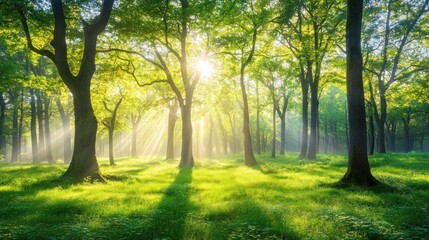 Fototapeta premium Sunbeams illuminate misty green forest; peaceful morning nature scene, ideal for eco-advertising