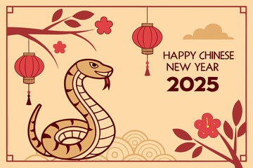 Obraz premium celebration of Chinese New Year 2025, highlighting the Year of the Snake. With bright colors and traditional elements like red lanterns and elegant snake motifs, the image captures a festive and cultu