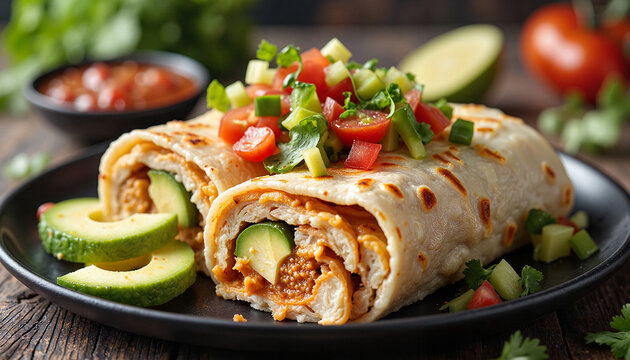 Delicious chicken burrito with fresh vegetables on a plate, culinary delight