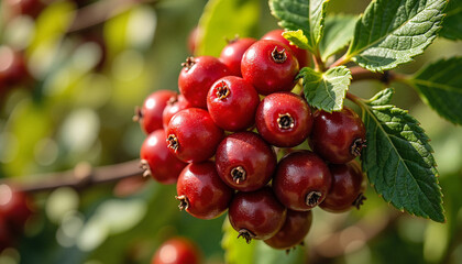 Ripe chokeberries surrounded by green leaves in sunny nature, freshness