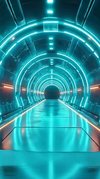 Futuristic Neon Tunnel with Dynamic Lights.  A high-tech futuristic tunnel illuminated by vibrant neon lights in blue and orange hues.