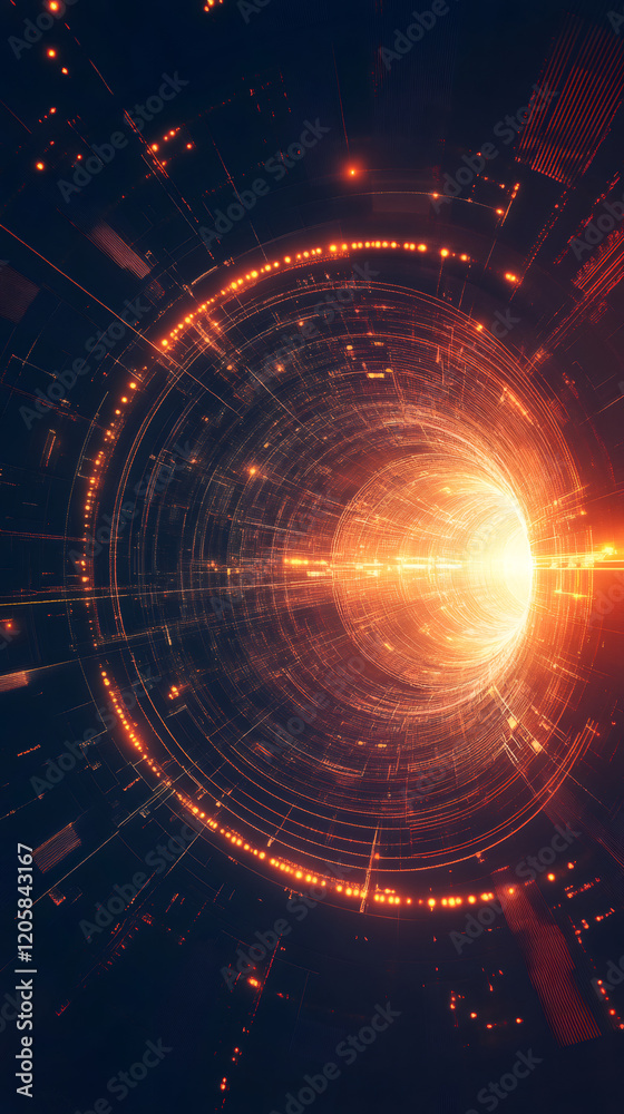 Poster digital tunnel emitting glowing orange light, generating matrix-like code pattern representing futur