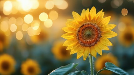 Fototapeta premium Single sunflower in field at sunset.
