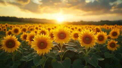 Fototapeta premium Vibrant sunflowers bask in a breathtaking sunset over a vast field.