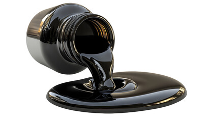 Black liquid pouring from jar, studio backdrop, industrial use