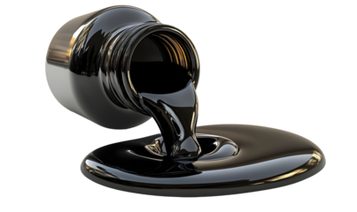 Black liquid pouring from jar, studio backdrop, industrial use