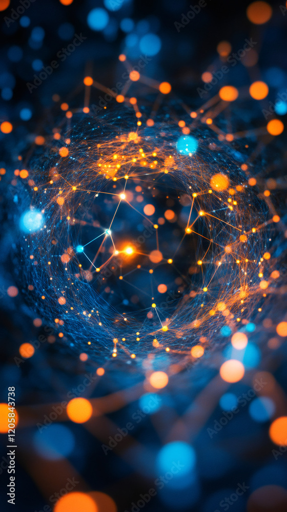 Fototapete dynamic digital network glowing, connecting data points with vibrant orange and blue grid elements