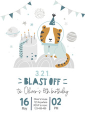 Vector template children's birthday party invitation. Cute tiger astronaut, planets, cake, stars. Kids space party. Happy Birthday kids card. Newborn party. Celebration. Scandinavian. Blast off.