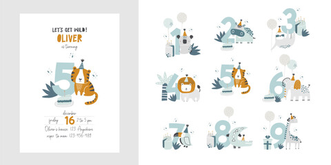 Vector invitation template for kid's birthday party with cute African wild animals. Safari Party. Tropical invitation design. Koala, hippo, sloth, lion, tiger, elephant, toucan, crocodile, giraffe. © ZHUKO