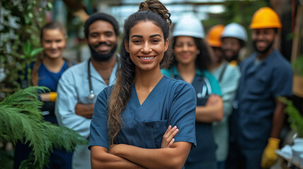 Unity in the Workplace: A diverse group of workers from different industries (construction, healthcare, education, etc.) standing together smiling, wearing uniforms, in a clean, well-lit outdoor envir