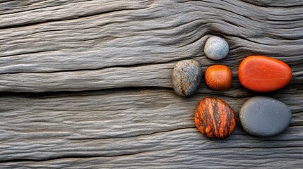 Smooth stones on weathered wood background, zen, nature, relaxation