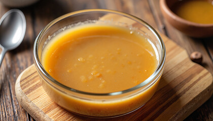 Rich dulce de leche in clear bowl on wooden table, sweet indulgence