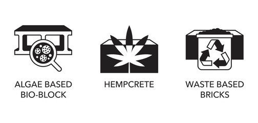 Modern construction materials icons set - algae bio-block, hempcrete, waste based bricks
