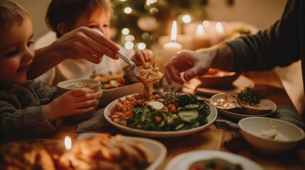 A family enjoying a vegan dinner at home, featuring a table full of diverse plant-based dishes, focusing on family bonding and healthy eating