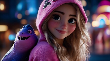 Nighttime Adventure: A Girl and Her Purple Dragon