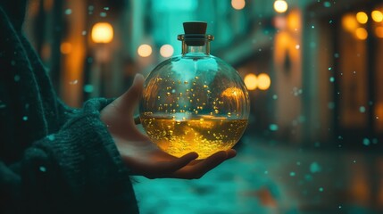 A person holding a glass bottle with a green liquid in it