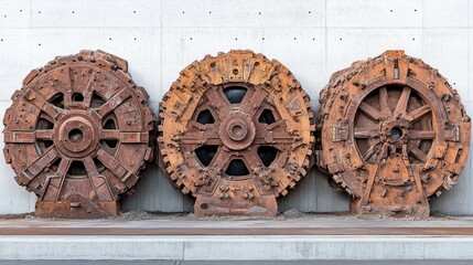 Rusty industrial wheels, urban display, concrete background, museum exhibit
