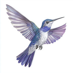 Obraz premium Illustration of the Hummingbird in flight, soft watercolor tones, white background, detailed illustration, cartoonish.