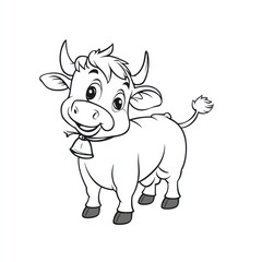 Fototapeta premium Happy calf, farm, pasture, countryside, bell, coloring page, children's book illustration