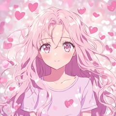 Pink Haired Girl With Hearts Background Anime Art Style Illustration Portrait Graphic Character