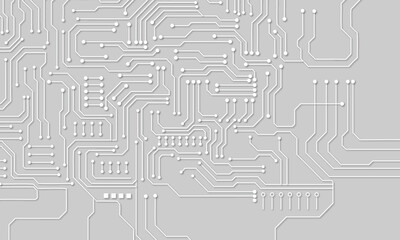 Technology white circuit diagram concept. High tech circuit board connection system. Vector abstract technology on gray background.